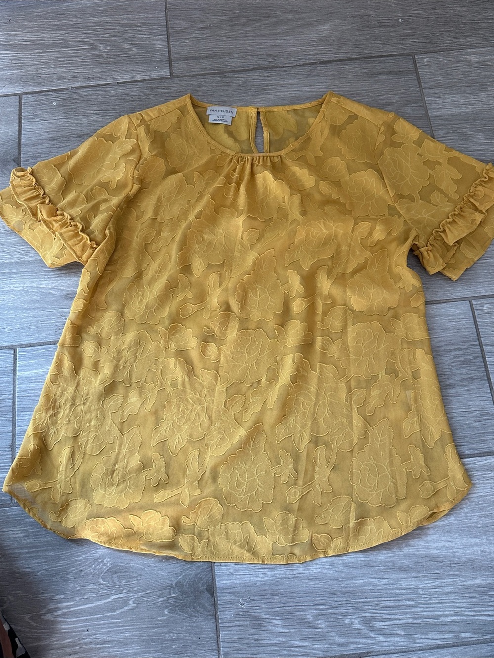 Van Heusen Mustard Floral Jacquard Ruffle Sleeve Top